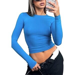 Pivanzore Going Out Crop Top Women's Small Blue Slim Fit Long Sleeve Crew Neck